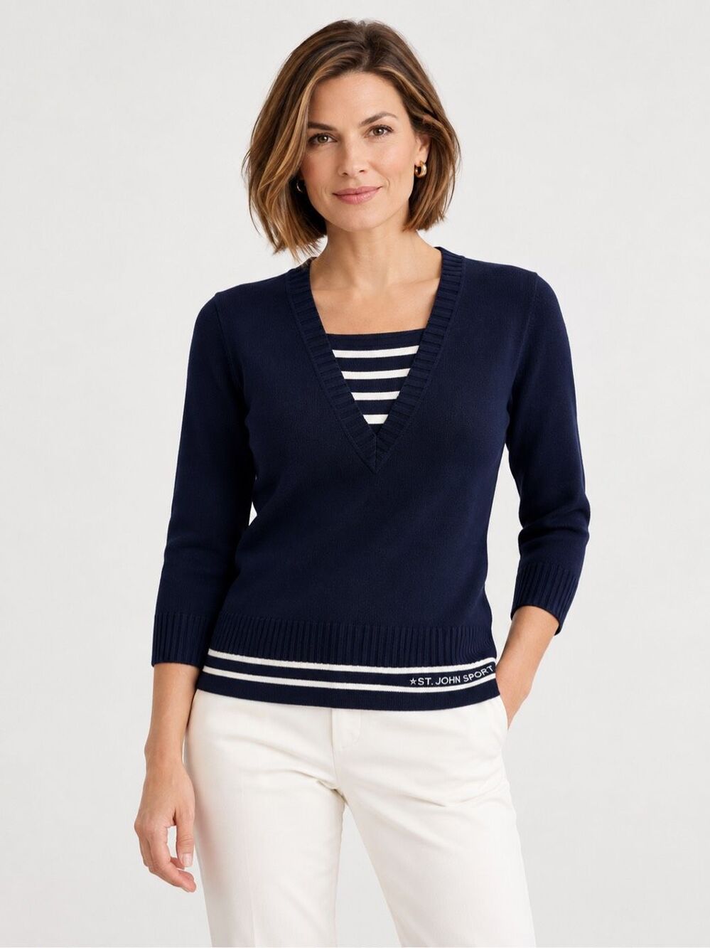 St John Sport Wool Blend Navy White Nautical V Neck Sweater Petite P
